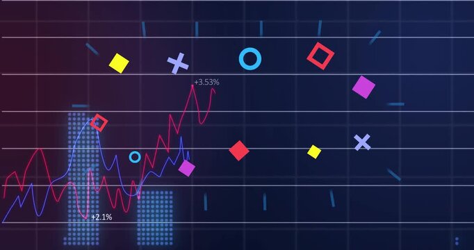 Finance chart animating lines after cyan ticks pulsing, bars rising, icons aligning, showing trends