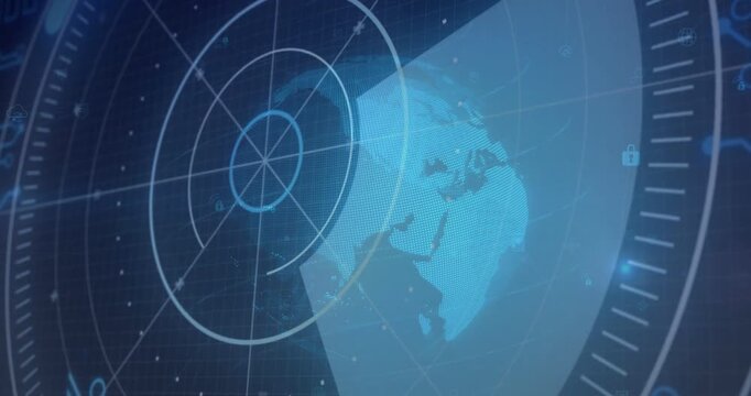 Vertical video: HUD initializing and rotating sweep, scanning dotted globe for tech monitoring