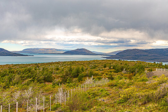 Turquoise lake surrounded by rolling hills and vegetation under dramatic cloudy skies at Torres Del Paine National Park, Chilean Patagonia.