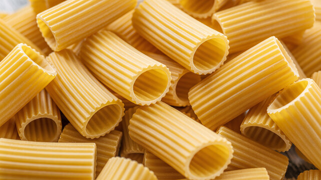 A close-up view of a pile of rigatoni pasta on a white surface