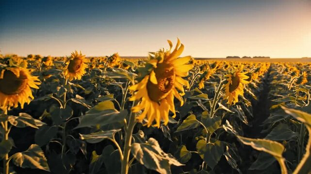 Golden hour in the sunflower field, a cinematic view of a beautiful farm landscape with rows of yellow sunflowers bathed in warm sunlight.