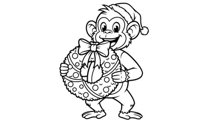 Fototapeta premium Monkey in Santa Hat Holding Wreath.