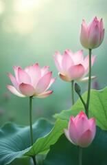 Obraz premium Pink lotus flowers and buds bloom in calm water with green lily pads. Soft light illuminates petals and leaves, creating serene natural beauty. Peaceful garden scene evokes tranquility.