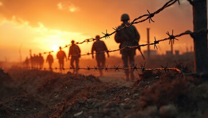 Naklejka premium Soldiers walk behind barbed wire fence on a dusty road at sunset. Military troops advance across a desolate battlefield with industrial structures in background. Horizon glows with warm orange sky.