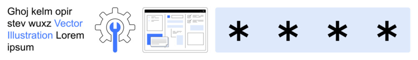 Fototapeta premium Cybersecurity, coding, web development, online privacy, programming, IT services. Gear icon, web interface and asterisks. Cybersecurity and web development topics