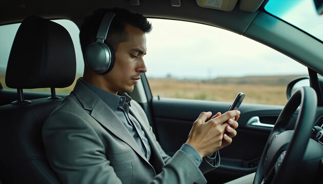 Man in suit wearing headphones looks at his smartphone while driving a car. He is distracted by the device ignoring the road and steering wheel.