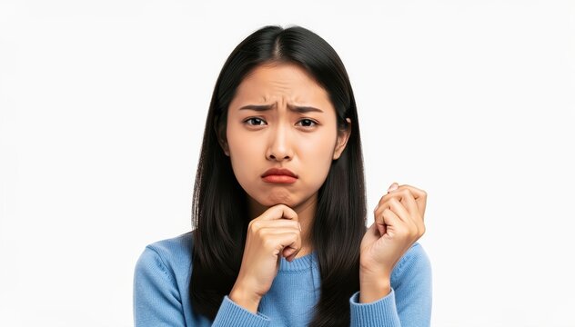 Captured Doubt: A portrait of a woman embodying a moment of concern, with furrowed brow, conveying thoughtful contemplation and uncertainty.