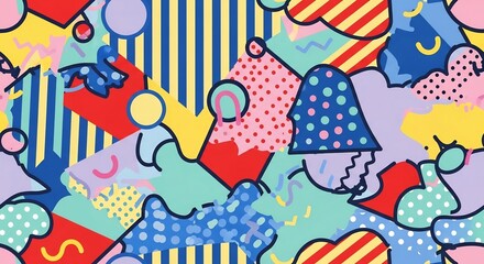 Obraz premium Vibrant Memphis Style Abstract Pattern with Geometric Shapes and Bold Colors.