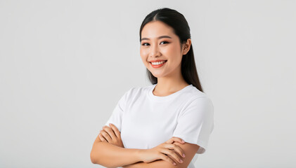 Obraz premium Confident and serene: A radiant woman with a captivating smile poses, arms crossed, embodying confidence and tranquility. 