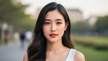 Fototapeta premium Urban Portrait: Capturing a woman in an urban landscape, her gaze captivating, radiating an aura of elegance and grace. A blend of modern charm and natural beauty.