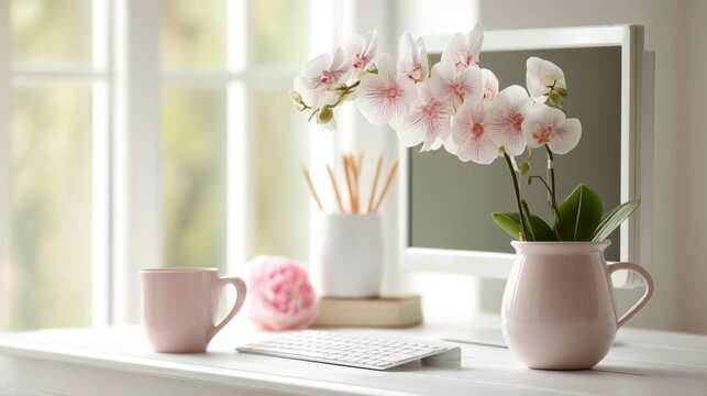 Elegant workspace featuring pink orchid flowers, pastel mugs, and modern computer setup with soft natural light from a large window