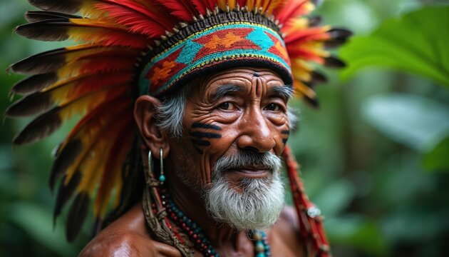 Elderly indigenous man with colorful headdress, facial paint smiles gently in green forest. Wears beaded necklaces, feather adornments, reflecting rich cultural heritage, deep connection to nature.