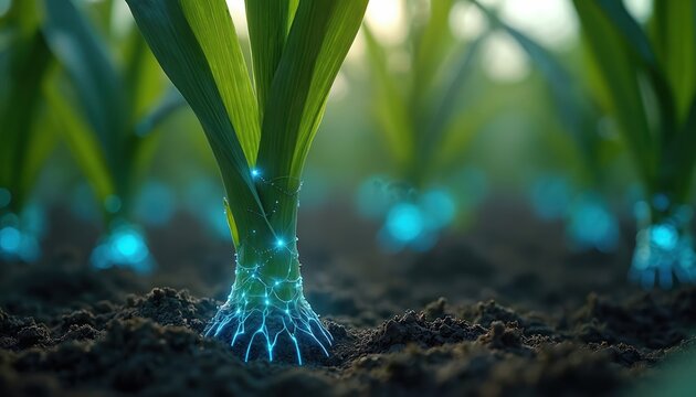 Close up of corn plant roots in soil with glowing blue digital network lines. Smart farming tech, innovation, and biotech growth concept. Future agriculture.