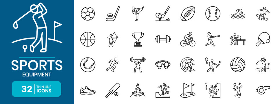 Sports Equipment Thin Line Icon Set