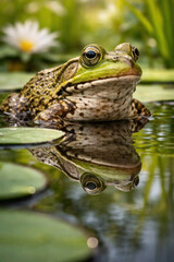 Obraz premium Green frog in pond with reflection, macro wildlife close-up in natural habitat