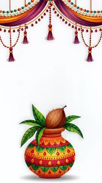 Akshaya Tritiya festival background with traditional Kalash and mango leaves