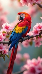 Fototapeta premium Scarlet macaw parrot sits on flowering tree branch. Bird displays vibrant red blue yellow feathers. Soft pink blossoms bokeh background. Long tail hangs down. Nature wildlife beauty scene.