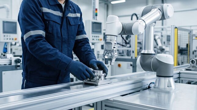 Industrial robotic arm working alongside human operator on assembly line, collaborative robots in smart factory, advanced manufacturing technology and automation integration, hitech