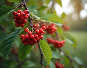 Obraz premium Red hawthorn berries grow on tree branches. Green leaves surround the ripe fruit clusters. Soft light filters through the foliage, creating a natural scene.