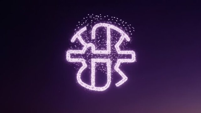 A heart-shaped abstract design, made of white shimmering particles, floats against a gradient purple background. It has a vertical design