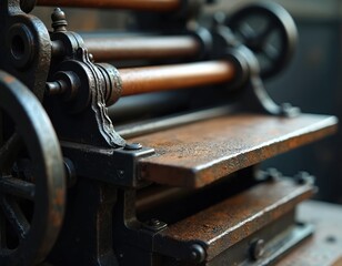 Fototapeta premium Close up view of old printing press machine part with rust. Vintage industrial equipment detail shows metal rollers and frame. Historic artifact displayed indoors.