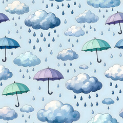 Obraz premium Rain Clouds and Umbrellas Pattern