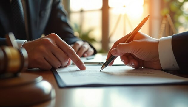 Lawyer points to contract for client signing. Gavel and scales of justice nearby on desk. Business deal closing handshake, legal advice consultation.