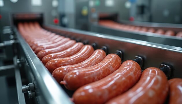 Fresh sausages move on automated line in modern meat factory. Equipment for mass food production. Pro processing and packaging of meat products. High quality industrial manufacturing.