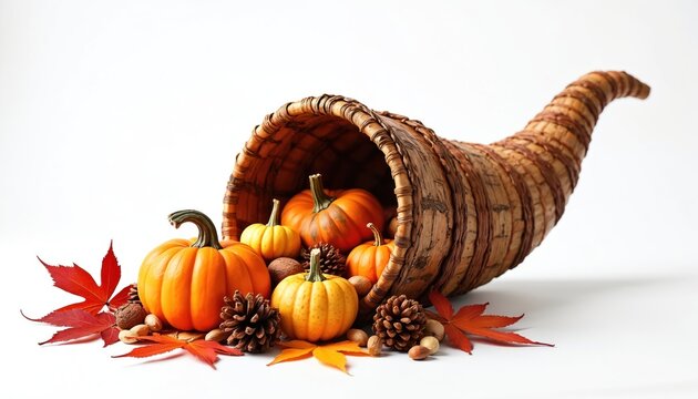 Horn of plenty overflows with pumpkins nuts and pinecones. Autumn harvest display on white background. Fall season abundance symbol. Seasonal decoration with nature elements.