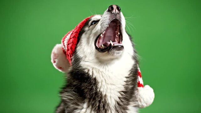 Wolf puppy wearing Christmas hat.