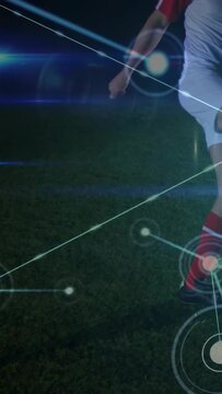 Man playing soccer juggling dribbling and kicking, kick activating network nodes showing analytics