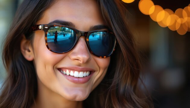 Young brunette woman wears tortoiseshell sunglasses, smiles brightly outdoors. Her reflection shows city street scene, bokeh lights add warmth. Captures happy lifestyle.