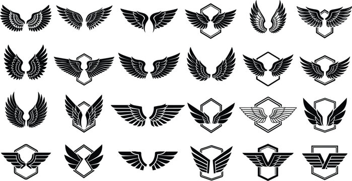 Winged emblem badge collection with eagle wings shield crest logo elements for branding military aviation design flat vector illustration