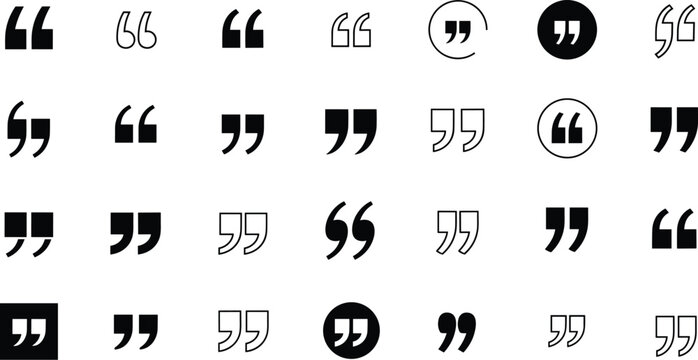 Quotation mark icon, text bubble, typographic symbol, communication design, speech element, graphic mark, black vector, minimalist style, flat illustration