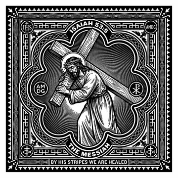 Jesus Christ carrying a cross, crowned with thorns, biblical illustration