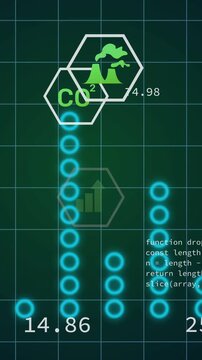 Vertical video: Climate panel receiving data, rings pulsing, numbers updating, monitoring emissions