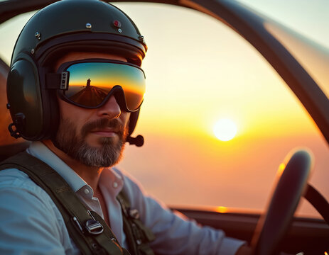 Man wears helmet and goggles in cockpit at sunset. Pilot looks ahead with serious expression. Sun shines bright on horizon during flight. Adventure awaits in sky.