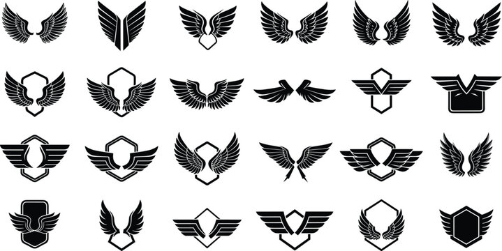 Flat vector winged emblem icons set, black line style, shield and badge designs, freedom protectionwinged emblem icons set, black line style, shield and badge designs,