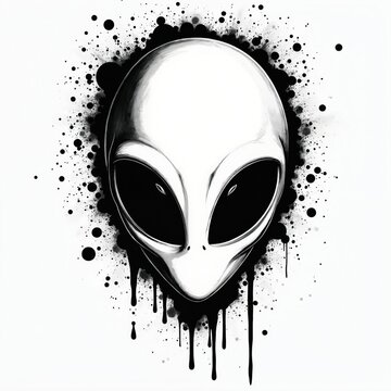 Close up of grayscale alien head with black ink splatters and drips surrounding it. The creature has large dark eyes and a smooth white skull. Its face is centrally located on the white background.
