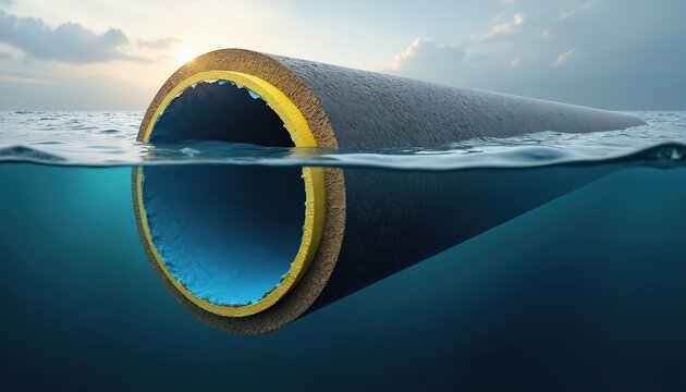 Cross section of a large pipe submerged in blue water. Outer steel layer and inner polyethylene walls protect against marine environment. Ocean horizon visible above.