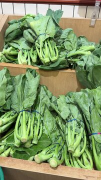 Fresh Chinese broccoli gai lan in market display close up
