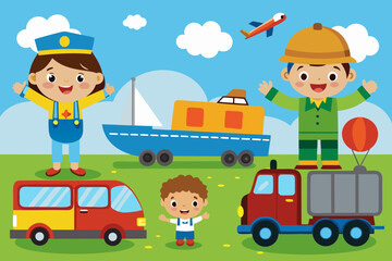 Naklejka premium Cute Transport and Logistics Concept for Kids Vector Flat Design Educational Transportation Poster with Vehicles