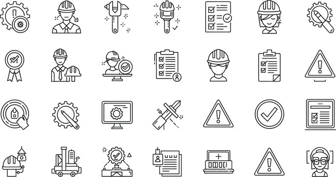 Construction Worker Safety and Quality Control Icons Set for Site Management, Tools, and Risk Identification