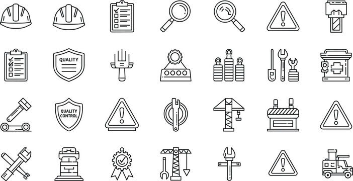 Construction Safety and Quality Control Icons Set for Workplace, Project Management, and Risk Assessment