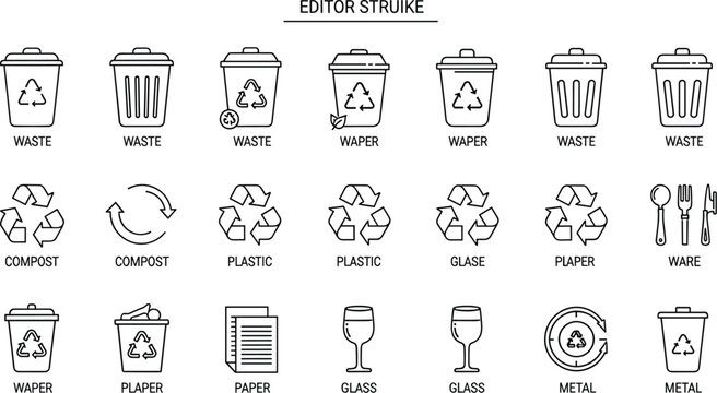 Recycling and Waste Management Icon Set Featuring Bins for Plastic, Paper, Glass, Metal, Compost, and General Waste for Environmental Sustainability
