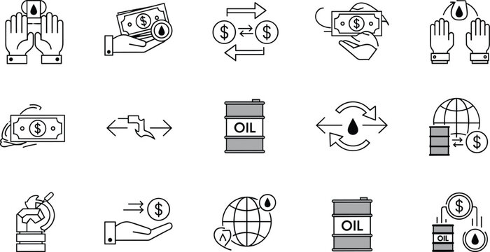 Oil and Currency Exchange Icon Set Featuring Money Transfer, Global Trade, and Oil Barrel Transactions for Financial and Logistics Designs