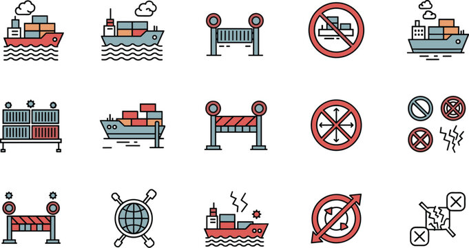Shipping and Cargo Icon Set Featuring Container Ships, Barriers, and No-Entry Signs for Maritime and Transport Management Designs