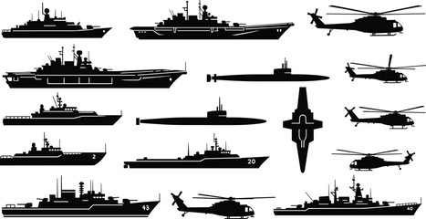 Military Fleet Icon Set Featuring Warships, Submarines, Aircraft Carriers, and Helicopters for Naval and Air Force Designs © Shilpi