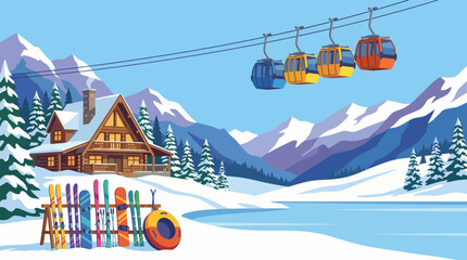 A picturesque winter landscape featuring a beautiful cabin, ski gear, and a scenic gondola ride above a snowy lake and mountain range, ideal for winter sports enthusiasts. © Zejun