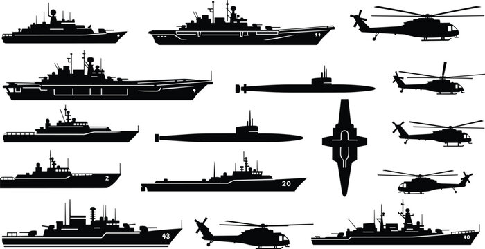 Military Fleet Icon Set Featuring Warships, Submarines, Aircraft Carriers, and Helicopters for Naval and Air Force Designs